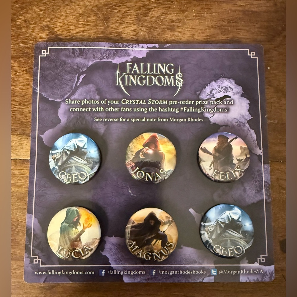 New, Falling Kingdoms Fantasy Book Series Collectible 6 Pin Set, Morgan Rhodes
